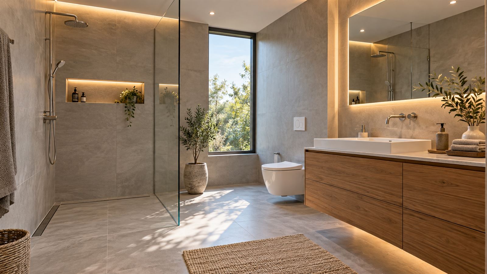 Symbolbild: saniertes Badezimmer mit bodengleicher Dusche